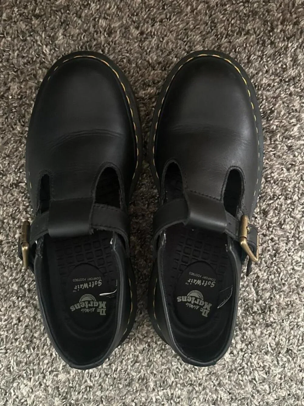Dr. Martens Black Leather Mary Janes with Yellow Stitching